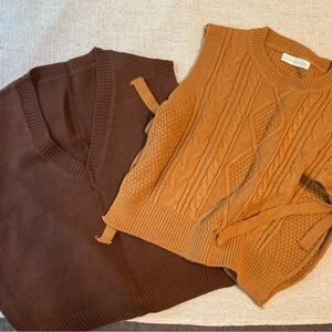 Brown and Tan Cable Knit Sweater Vests